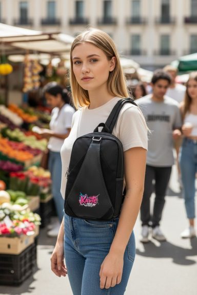 Junge Frau in lässiger Kleidung mit schwarzer Umhängetasche auf einem Markt.
