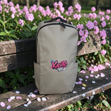 Beiger Rucksack mit buntem Logo, auf einer Bank vor blühenden Blumen.