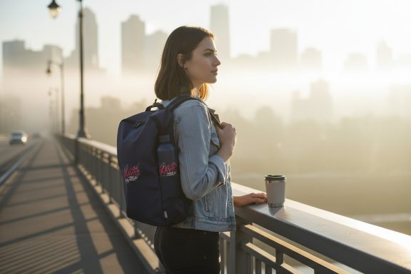 Junge Frau mit Rucksack steht auf einer Brücke in einer nebligen Stadtlandschaft.