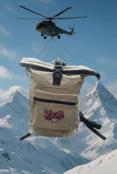 Ein Helikopter schwebt über einem Rucksack in einer schneebedeckten Berglandschaft.