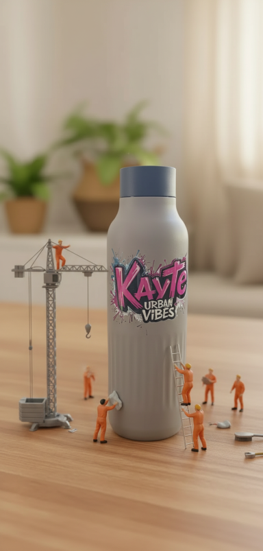 Graue Wasserflasche mit buntem "KAYE"-Schriftzug und kleinen Figuren auf einem Holztisch.