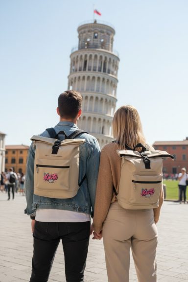 Zwei Personen mit Rucksäcken stehen vor dem schiefen Turm von Pisa.