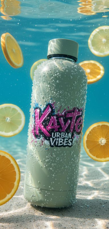 Flasche mit sprudelndem Getränk, umgeben von orangefarbenen Zitrusscheiben im Wasser.